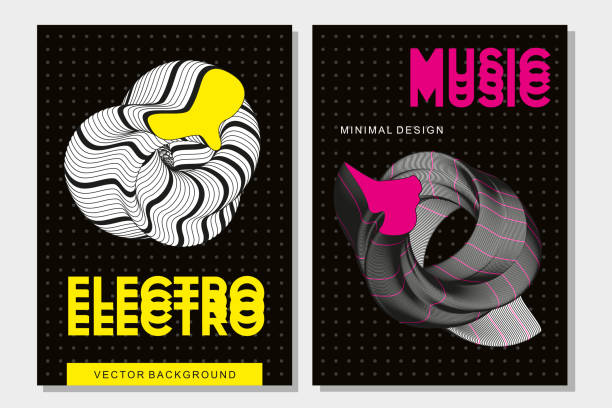 abstrakcyjny plakat muzyczny o kształtach 3d. eksperymentalny minimalistyczny projekt sztuki. festiwal tańca techno z liniami giloszowymi. - trance stock illustrations