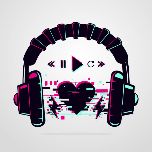 Stereo headphones with glitch effect. Music electronic devise. Vector icon. Night party background. Stereo headphones with glitch effect. Music electronic devise. Night party background. Vector icon. radio clipart stock illustrations