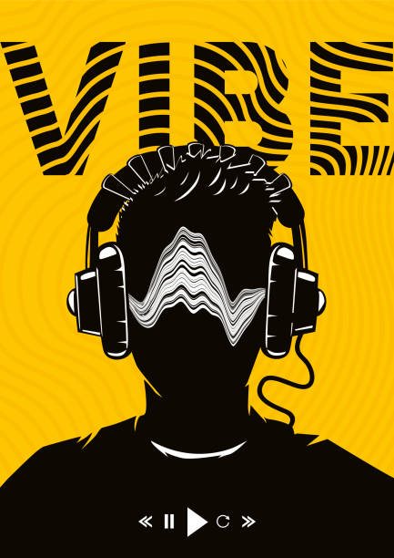 ilustrações, clipart, desenhos animados e ícones de poster da música com cabeça masculina em auscultadores. dj da festa noturna. fundo do festival da dança do electro. ilustração do vetor. - dance and electronic audio