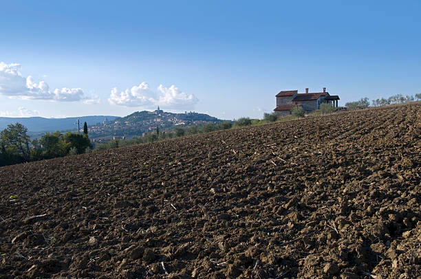 Terra arato con casa di campagna - foto stock