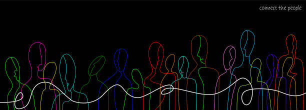 connect the people concept, crowd of vivid colored people connected with one white line, communication creative contemporary idea, vector vector art illustration