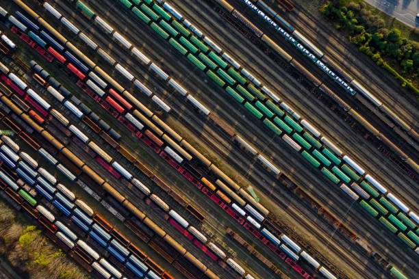istock Top view of colorful cargo trains. 1188413740