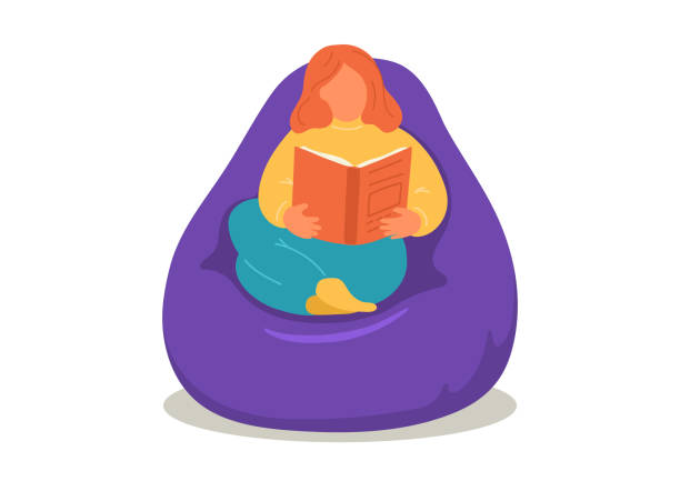 Woman reading book in bean bag. Woman reading book in bean bag. Girl sitting in comfortable armchair. bean bag illustrations stock illustrations