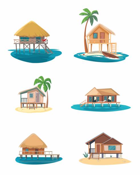 Bungalow on white background Illustration of The Tropical house on white background stilt house stock illustrations