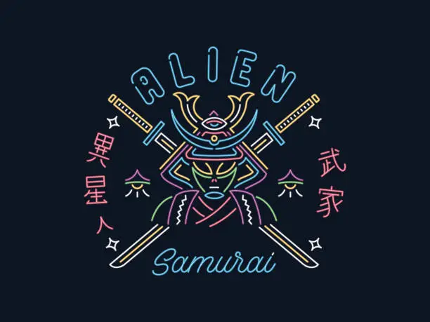 Vector illustration of Japanese alien Samurai in neon style