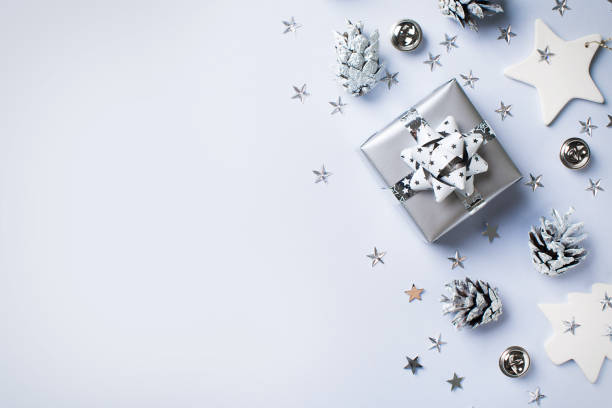 istock Christmas and happy new year flat lay silver card 1188416664