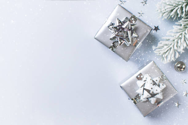 istock Christmas and happy new year flat lay silver card 1188416667