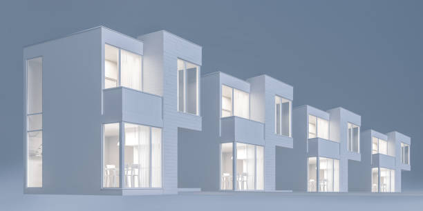 istock View exterior layout of a modern small house C facade trim of rectangular boards in the evening light. 3D illustration 1188419023