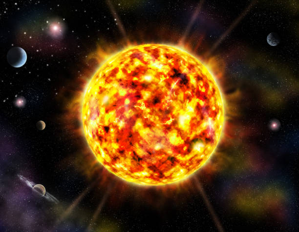 istock Bright yellow huge sun shining in space among the planets 1188419034