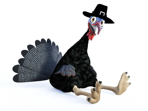 Photo of 3D rendering of a silly toon turkey sitting.