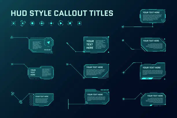 Vector illustration of HUD futuristic style callout titles. Information call box bars and modern digital info frame layout templates. Interface UI and GUI element set. Vector illustration