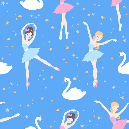 Vector colorful seamless pattern with cute cartoon ballerinas in tutu dresses, swans and stars. Ballet dance illustration on blue background
