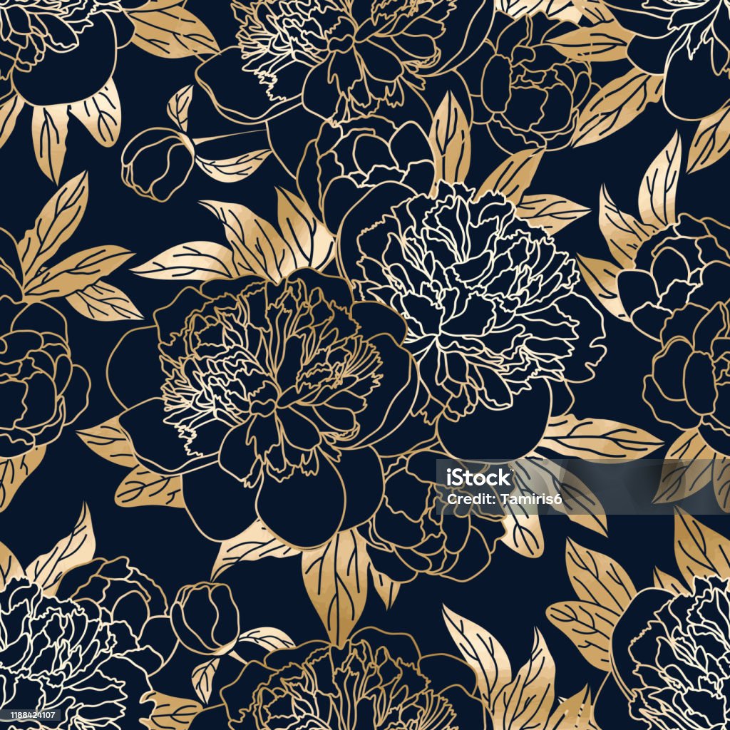 Seamless Hand Drawn Floral Pattern With Outline Gold Bouquets Of Peony  Flowers Stock Illustration - Download Image Now - iStock