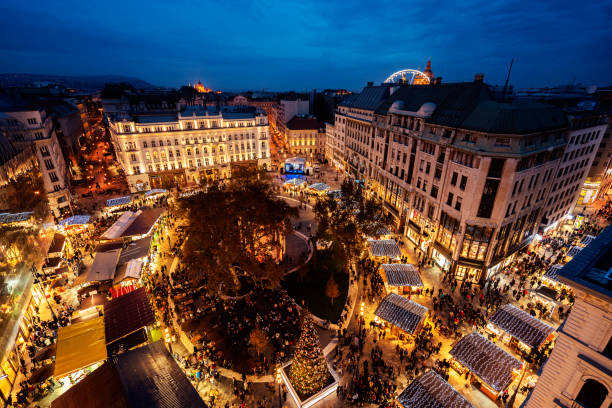Christmas market in Budapest Aerial view Of Christmas fair in Budapest budapest stock pictures, royalty-free photos & images