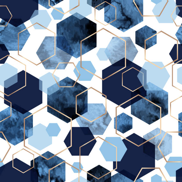 Seamless abstract geometric pattern with gold foil outline and deep blue watercolor hexagons Vector seamless geometric pattern with gold foil outline and deep blue watercolor polygons on white. Modern hexagon tile abstract background navy watercolor stock illustrations