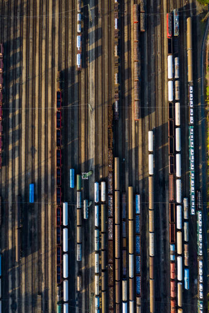 istock Top view of colorful cargo trains. 1188425186