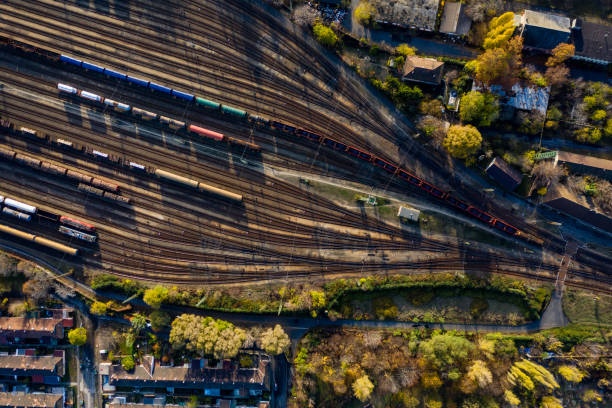 istock Top view of colorful cargo trains. 1188425188