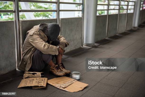 Sad Homeless Old Man In City Stock Photo - Download Image Now - Homelessness, Men, Poverty