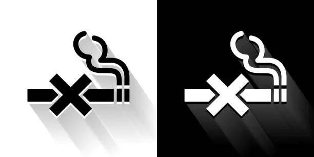 Vector illustration of No Smoking  Black and White Icon with Long Shadow