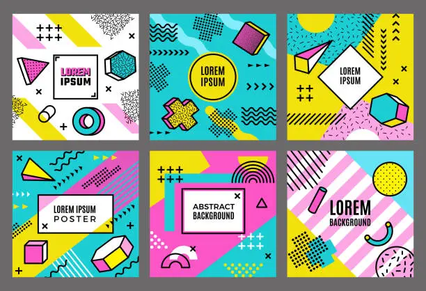 Vector illustration of Memphis cards template. Abstract fashion 90s geometrical forms background line dots circles triangles shapes vector minimalistic