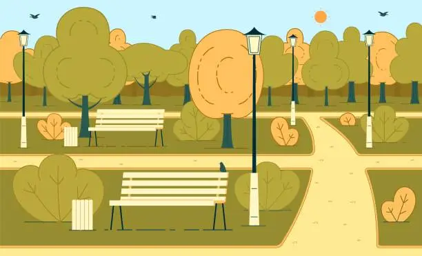 Vector illustration of Sunny Autumn Day in Park Flat Vector Background