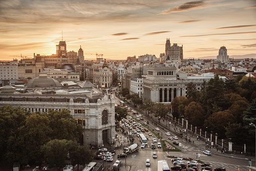 The city centre of Madrid, Spain, as seen from above under a beautiful sunset sky