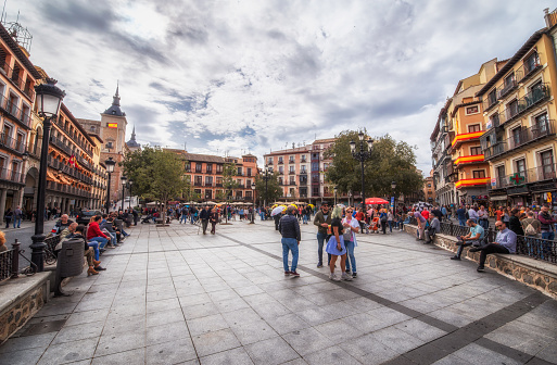 Toledo, Spain - November 1, 2019: Tourists in Zocodover square in Toledo, Spain