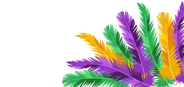 ilustraciones, imágenes clip art, dibujos animados e iconos de stock de tarjeta con plumas en colores mardi gras. - vector costume party feather