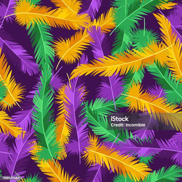 Seamless Pattern With Feathers In Mardi Gras Colors Stock Illustration -  Download Image Now - iStock