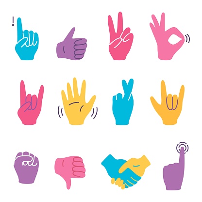 Hand gestures colorful set isolated on white background. Thumb up and ok, peace and attention, like and dislike. Vector cartoon flat illustration.