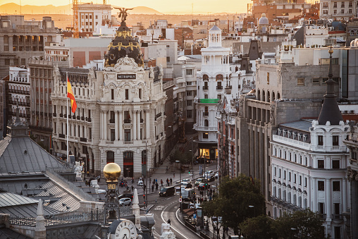 The city centre of Madrid, Spain, as seen from above under a beautiful sunset sky