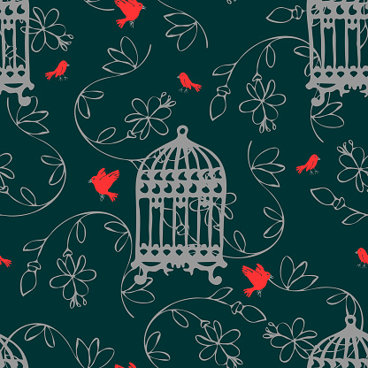 Repeat vector pattern with birds and flowers. Simple birdcages.