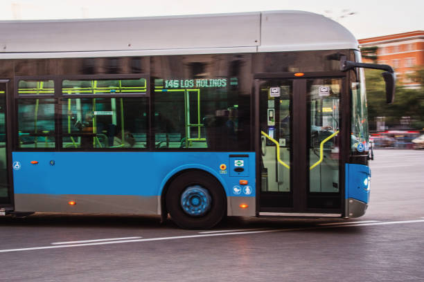 istock Blue city bus in motion in Madrid, Spain 1188438527
