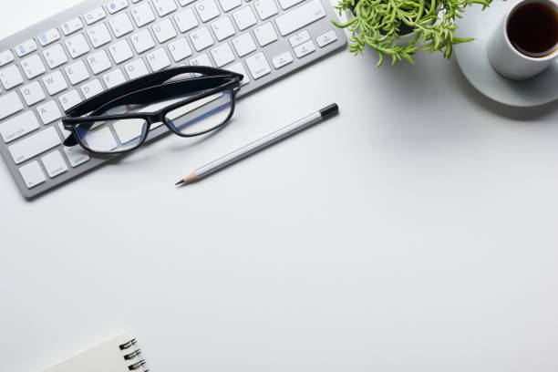 istock Office desk table with supplies. Flat lay Business workplace and objects. Top view. Copy space for text 1188441195