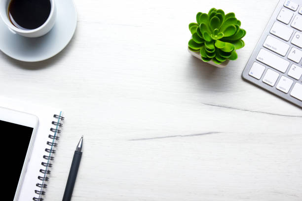 istock Office desk table with supplies. Flat lay Business workplace and objects. Top view. Copy space for text 1188441638