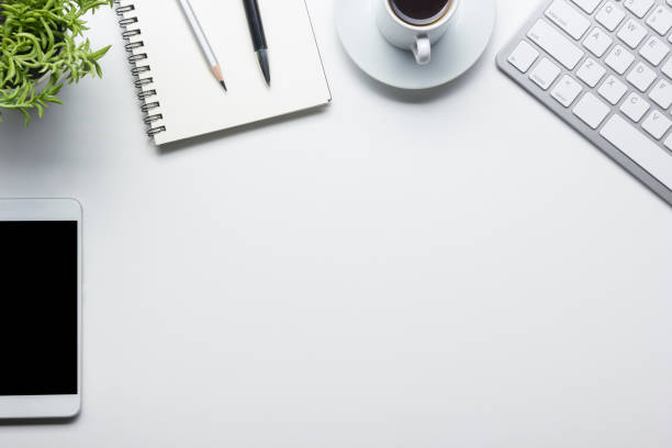 Office desk table with supplies. Flat lay Business workplace and objects. Top view. Copy space for text