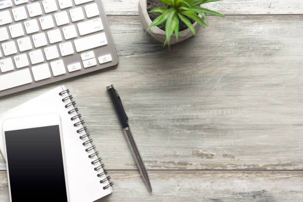 istock Office desk table with supplies. Flat lay Business workplace and objects. Top view. Copy space for text 1188442720