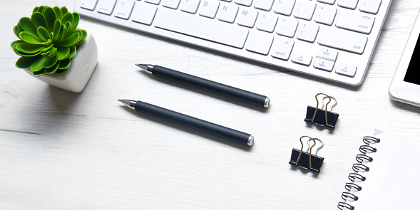 Office desk table with supplies. Flat lay Business workplace and objects. Top view. Copy space for text.