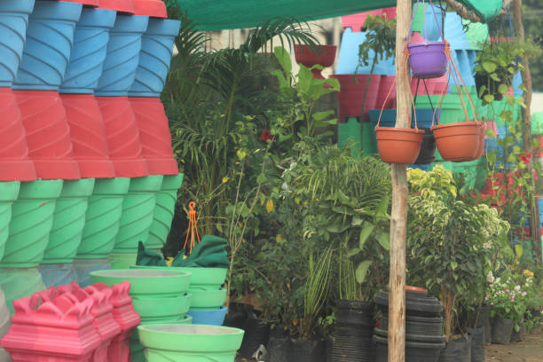 istock Beautiful Small Plant and Nursery With Multi Colored Flower Pots Selective Focus 1188443065