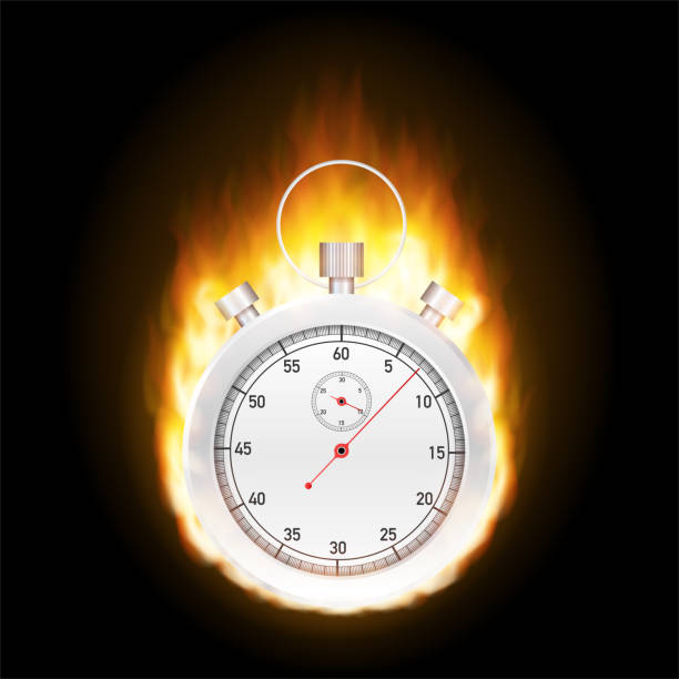 koncepcja stopera - szybszy znak z ogniem. wektor ilustracja stockowa. - stopwatch time urgency fire stock illustrations