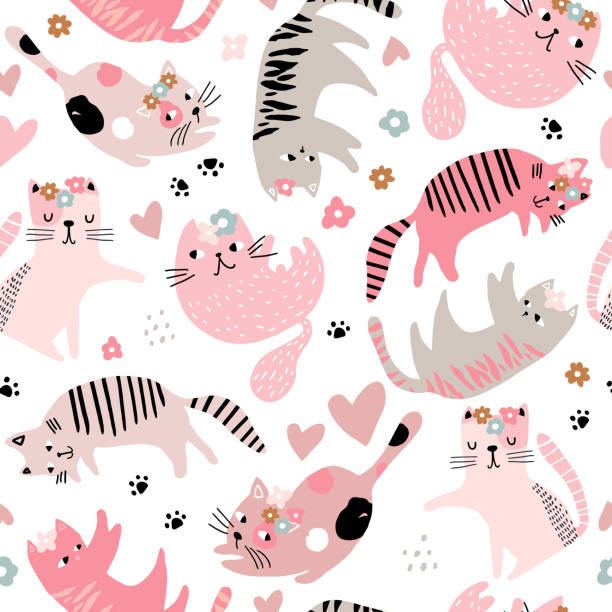 ilustrações de stock, clip art, desenhos animados e ícones de seamless childish pattern with cute girl cats . creative kids hand drawn texture for fabric, wrapping, textile, wallpaper, apparel. vector illustration - foot wraps