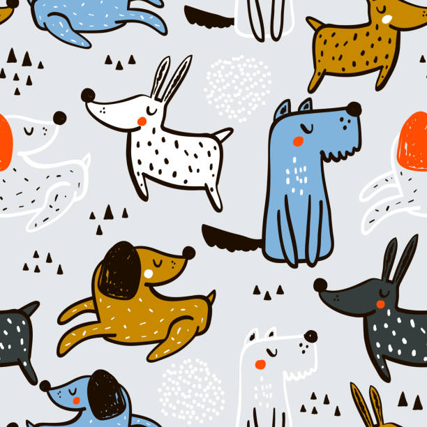 손으로 그린 개와 유치 한 원활한 패턴. 트렌디 한 스칸디나비아 벡터 배경입니다. 어린이 의류, 직물, 섬유, 보육 장식, 포장지에 적합 - dog education school cartoon stock illustrations
