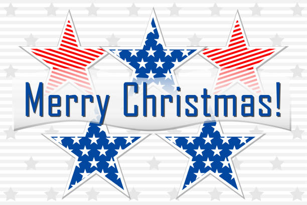 istock Congratulations Merry Christmas in American style, congratulation banner on the background of American stars and flag. 1188449406