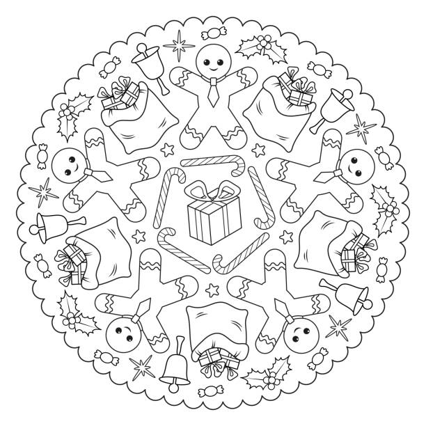 illustrations, cliparts, dessins animés et icônes de page de coloriage mandala pour des enfants avec l'hiver, noel et l'homme heureux de pain d'épice de nouvelle année, canne de sucrerie, cadeau, sac, houx, cloche, bonbons. illustration de vecteur. - bell christmas holly drawing