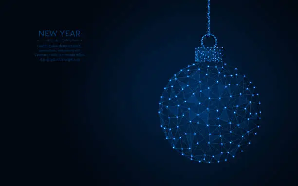 Vector illustration of Happy New Year word template design, Christmas ball abstract geometric image,  wireframe mesh polygonal vector illustration made from points and lines on a dark blue background