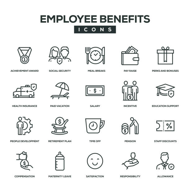 symbolsatz für mitarbeiterleistungen - arbeitsvergütung stock-grafiken, -clipart, -cartoons und -symbole