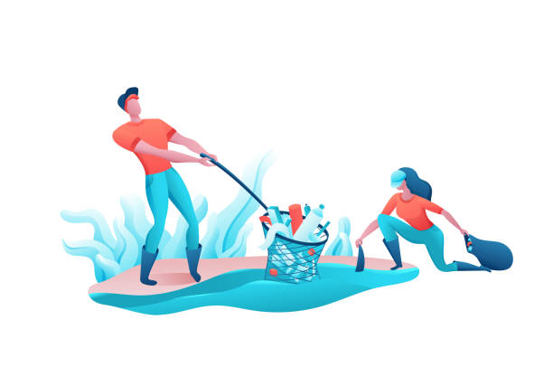 ilustrações, clipart, desenhos animados e ícones de beach coast cleanup concept, cleaning people with bag, volunteer picking garbage from water, team reduce plastic pollution of environment, recycle trash, flat cartoon vetor ecology illustration beach coast clean up - mulher catando lixo