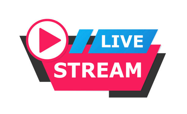 Live streaming logo - red vector design element with play button for news and TV Live streaming logo - red vector design element with play button for news and TV or online broadcasting logo tv stock illustrations