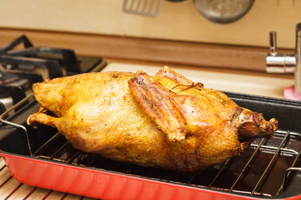 istock Roasted duck in a deep pan with grill rack, prepared meal for celebration dinner 1188458157