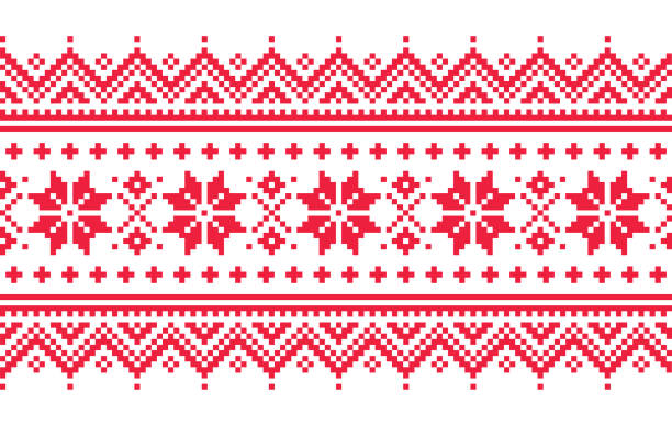 Christmas vector long seamless winter pattern, inspired by Sami people, Lapland folk art design, traditional knitting and embroidery Nordic, Scandinavian retro Xmas patterns with snowflakes in red and white, textile or wallpaper design finnish culture stock illustrations